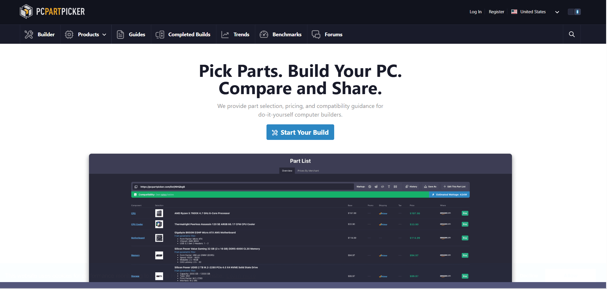 PCPartPicker PC装机网站（装机案例、产品选择、价格趋势）