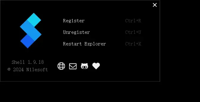 Nilesoft Shell 1.9.18 管理器：Register / Unregister / Restart Explorer