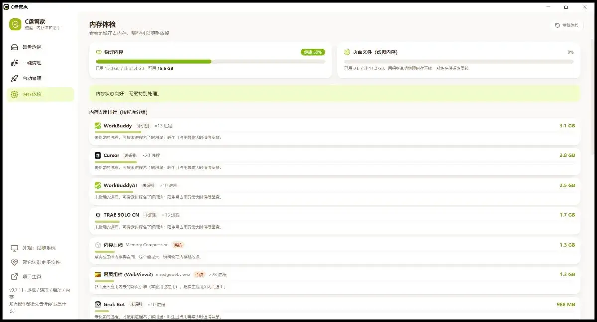 内存体检：物理内存健康度评分 + 按程序分组的占用排行