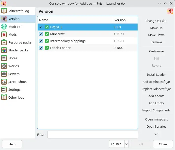 实例设置-版本页：Minecraft、Fabric Loader、LWJGL 等组件版本一览