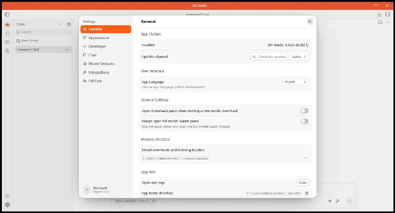 Settings 页：模型目录、版本号、App Language 选项都在这里