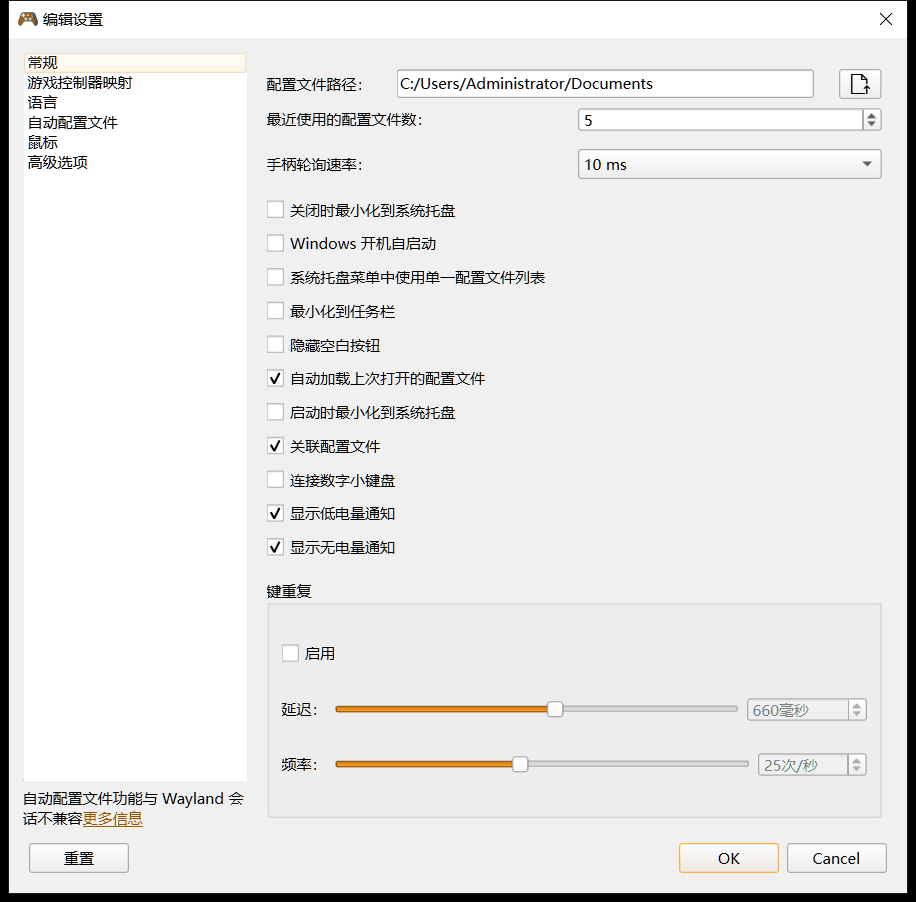 设置面板：常规/游戏控制器映射/语言/自动配置文件/鼠标/高级选项
