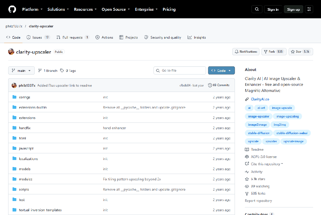 ClarityAI 开源仓库主页：5140 star、AGPL-3.0，README 里明说 Flux 放大闭源