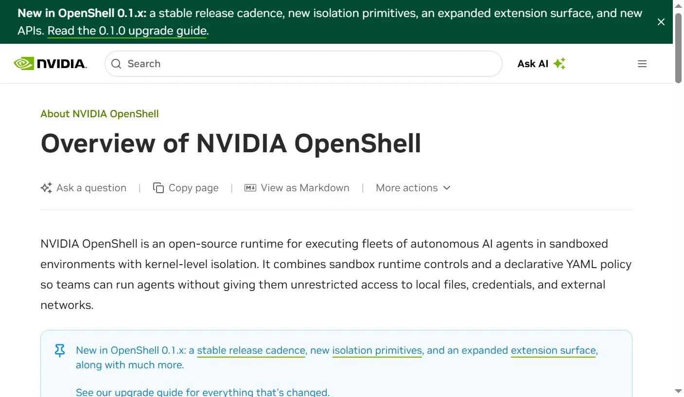 NVIDIA OpenShell 官方文档概览页