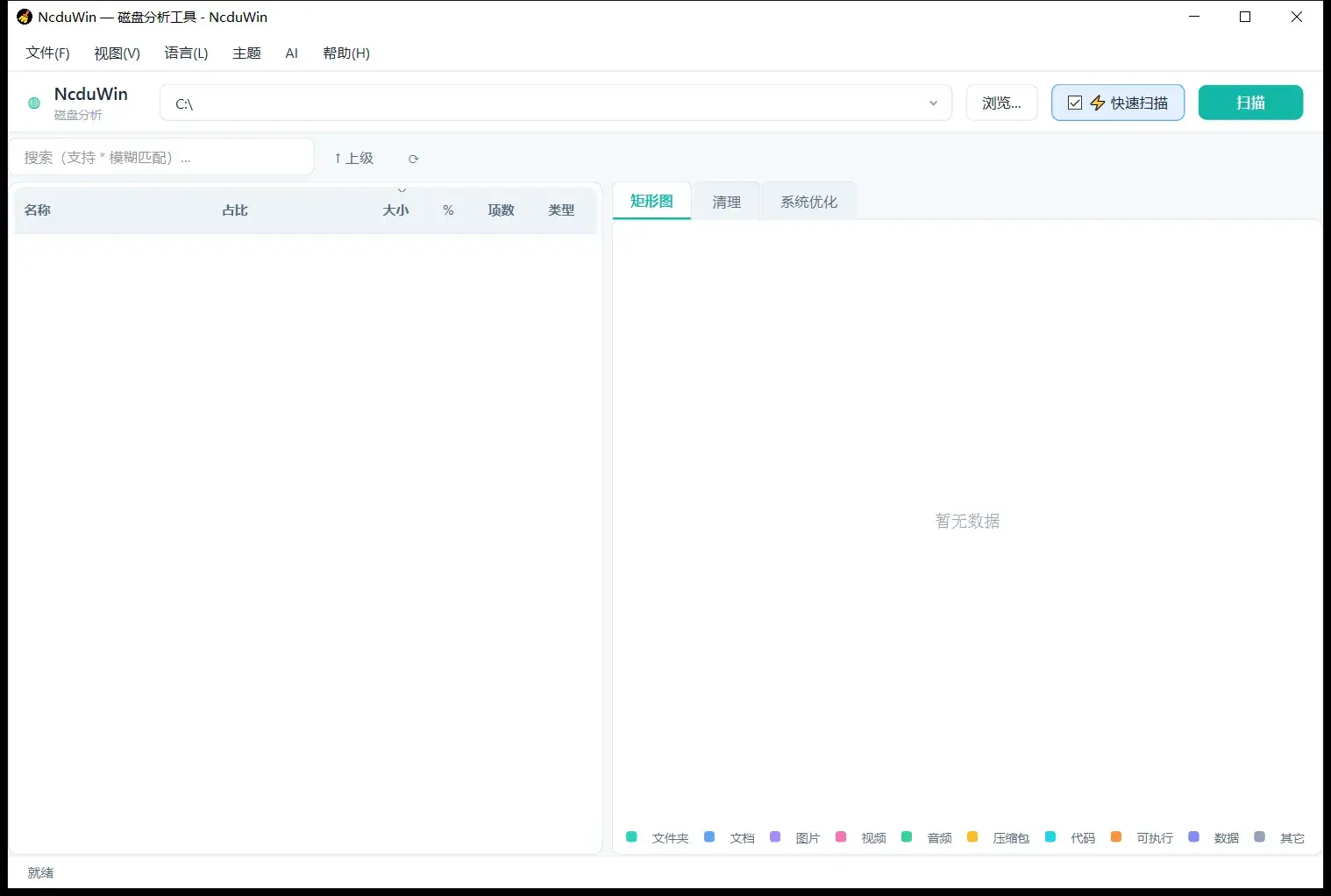 NcduWin 主界面：顶部选盘与扫描按钮，左侧列表按大小排序，右侧矩形树图（未扫描时显示「暂无数据」）