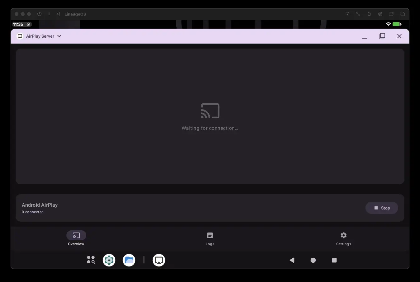 AirPlay 接收端主界面：待机画面、连接数与停止按钮，底部是总览 / 日志 / 设置三个页签