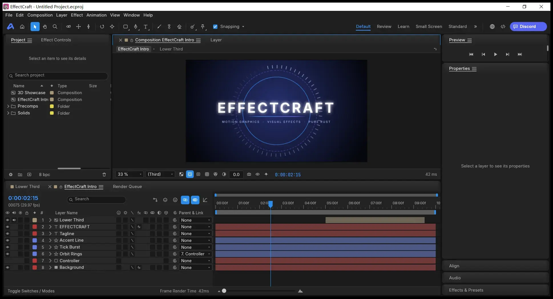EffectCraft 0.6.0 主界面：演示工程 EffectCraft Intro，合成预览 + 图层时间线