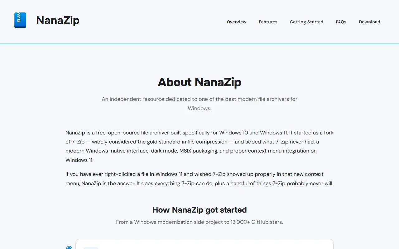 NanaZip 官网 About：基于 7-Zip 的现代压缩工具