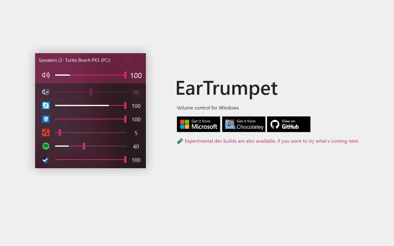EarTrumpet 官网示意：按应用独立音量滑块