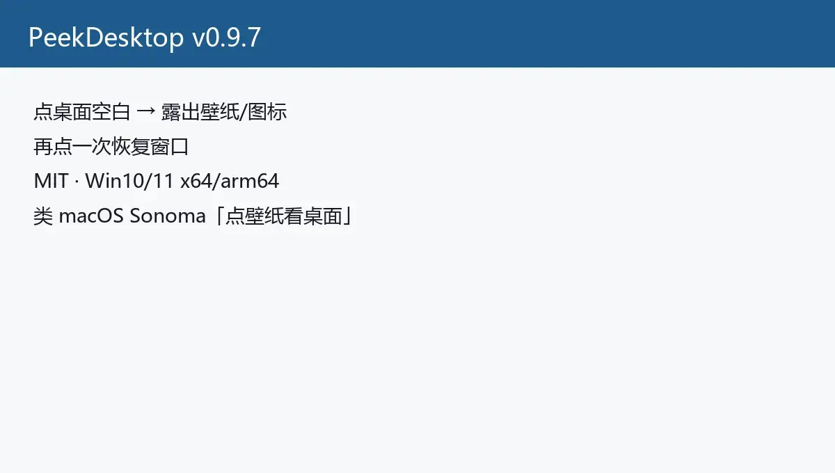 PeekDesktop：点桌面空白就 peek 壁纸，再点恢复；Win 上的 Sonoma 手感