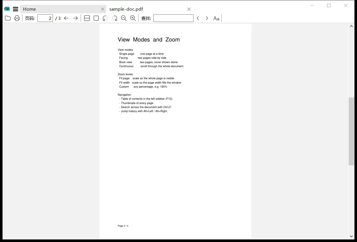 SumatraPDF 打开多页 PDF，顶部标签页与页码/查找工具栏