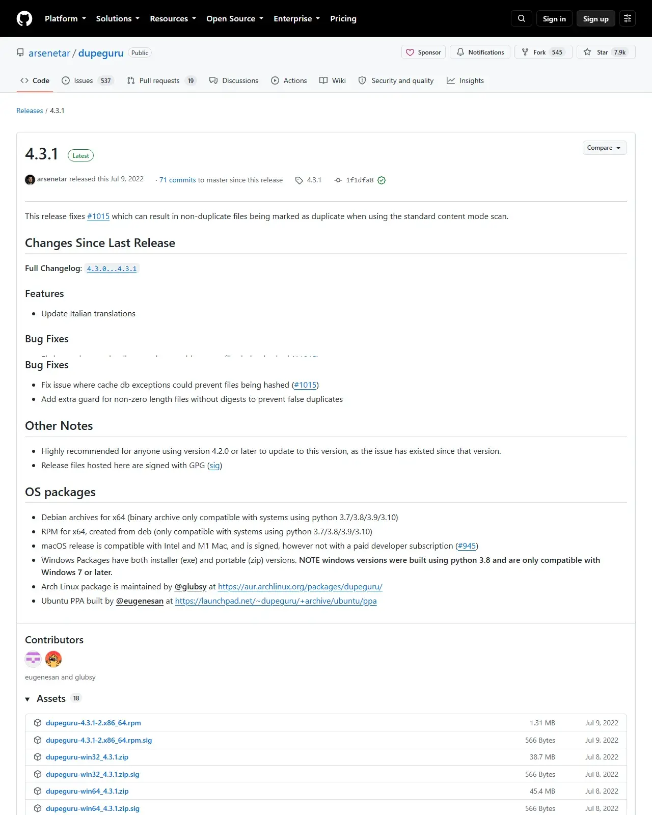 官方 releases 页面 4.3.1 的说明与资产列表