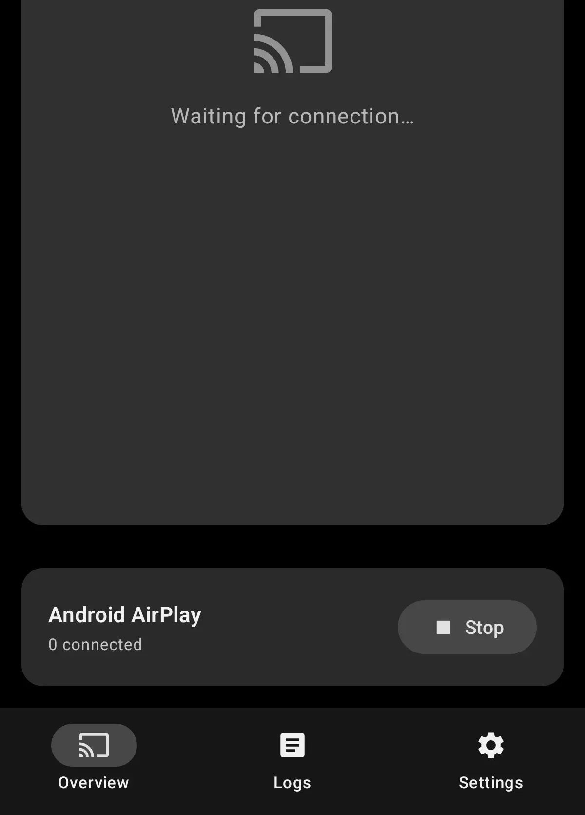 手机上的待机界面：Waiting for connection，底部状态卡显示当前连接数