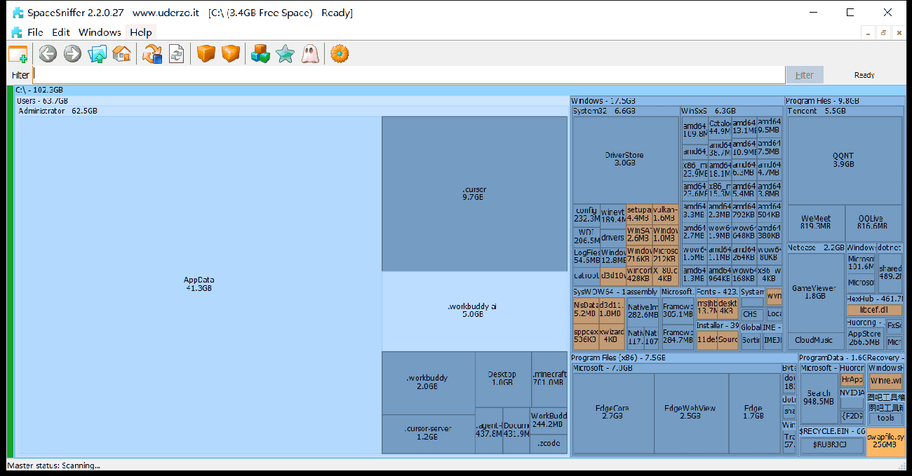 SpaceSniffer 2.2.0.27 磁盘使用分析工具：Treemap 可视化存储管理，快速揪出大文件