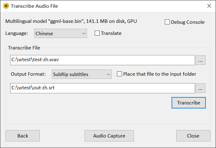 中文转写实测：Language 选 Chinese，输出 out-zh.srt
