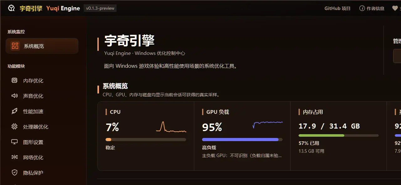 宇奇引擎系统概览界面