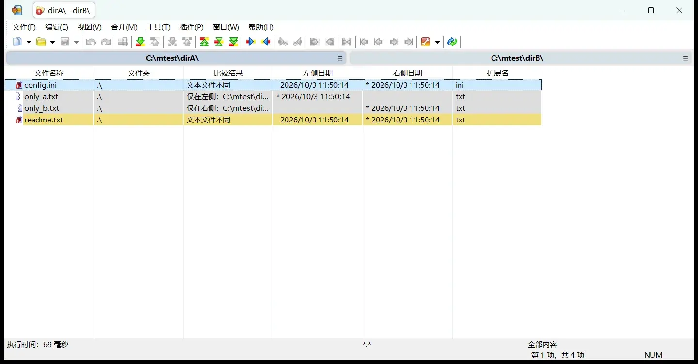 WinMerge 文件夹比较结果：逐项列出不同／仅在左侧／仅在右侧