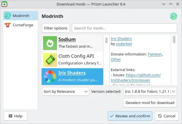 模组下载对话框：Modrinth 与 CurseForge 双源，Sodium、Iris Shaders 一键装