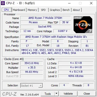 AMD Ryzen 7 3750H的CPU-Z跑分-剑客网- 第4张图片 AMD Ryzen 7 3750H的CPU-Z跑分-剑客网- 第4张图片
