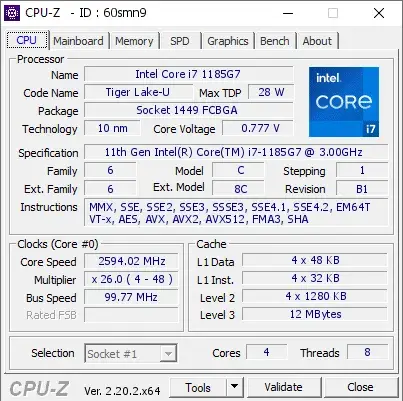 11th Gen Intel Core i7-1185G7的CPU-Z跑分