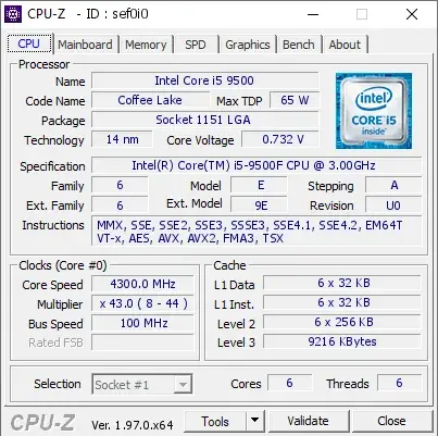 Intel Core i5-9500F的CPU-Z跑分