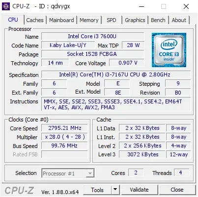 Intel Core i3-7167U的CPU-Z跑分