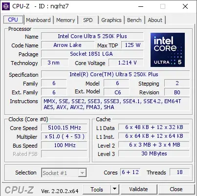 Intel Core Ultra 5 250K Plus的CPU-Z跑分
