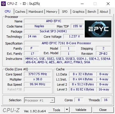 AMD EPYC 7261的CPU-Z跑分