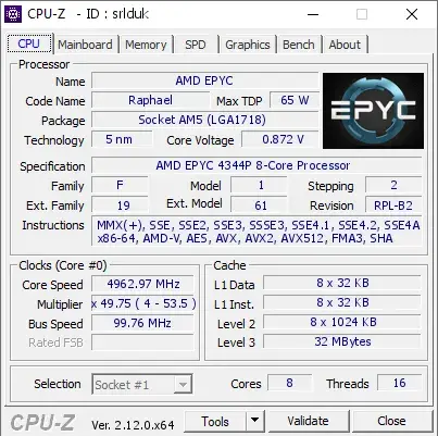 AMD EPYC 4344P的CPU-Z跑分
