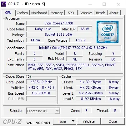 Intel Core i7-7700 CPU的CPU-Z跑分