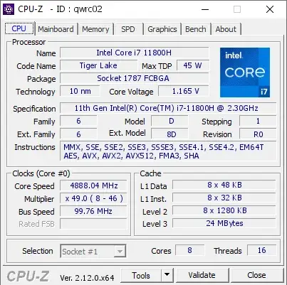 11th Gen Intel Core i7-11800H的CPU-Z跑分-剑客网- 第4张图片 11th Gen Intel Core i7-11800H的CPU-Z跑分-剑客网- 第4张图片