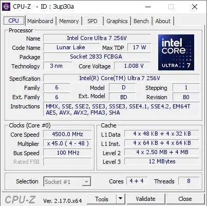 Intel Core Ultra 7 256V的CPU-Z跑分