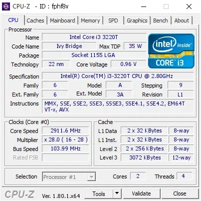 Intel Core i3-3220T的CPU-Z跑分