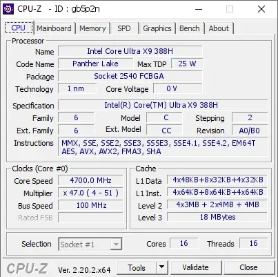 Intel Core Ultra X9 388H的CPU-Z跑分