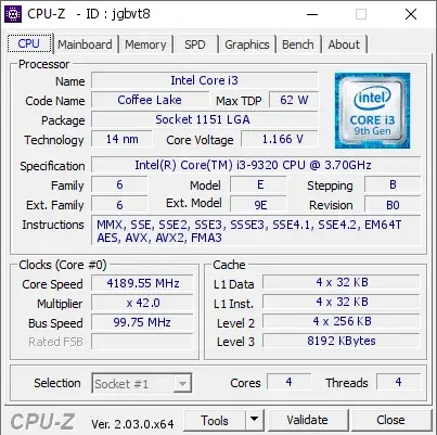 Intel Core i3-9320 CPU的CPU-Z跑分