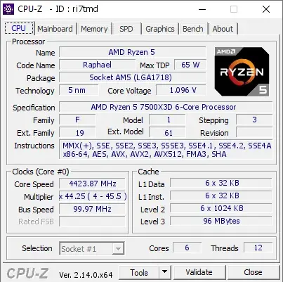 AMD Ryzen 5 7500X3D的CPU-Z跑分
