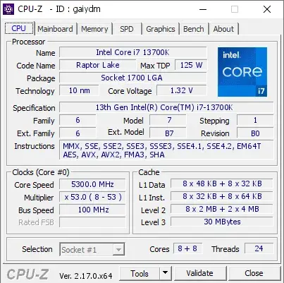 13th Gen Intel Core i7-13700K的CPU-Z跑分