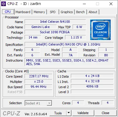 Intel Celeron N4100 CPU的CPU-Z跑分