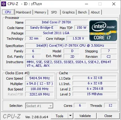 Intel Core i7-3970X的CPU-Z跑分