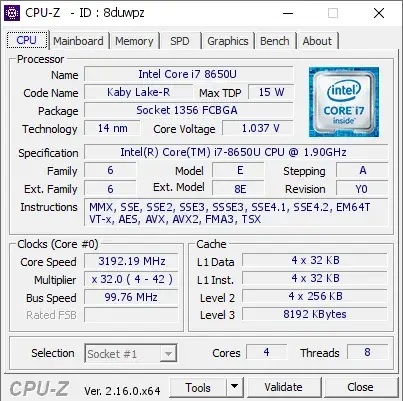 Intel Core i7-8650U CPU的CPU-Z跑分