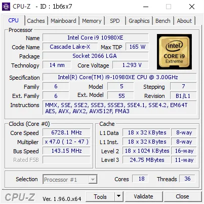 Intel Core i9-10980XE的CPU-Z跑分