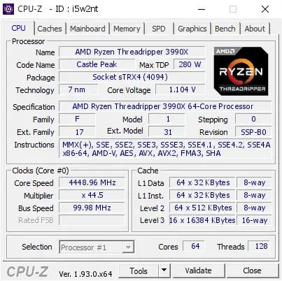 AMD Ryzen Threadripper 3990X的CPU-Z跑分
