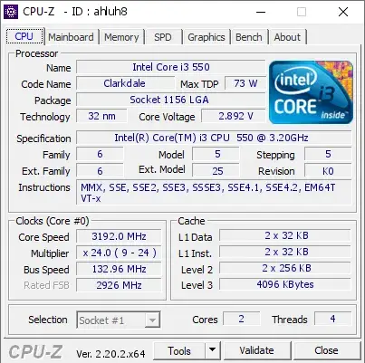 Intel Core i3 550的CPU-Z跑分