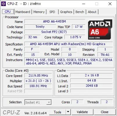 AMD A6-4455M APU的CPU-Z跑分