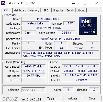 Intel Core Ultra 5 115U的CPU-Z跑分-剑客网- 第4张图片 Intel Core Ultra 5 115U的CPU-Z跑分-剑客网- 第4张图片