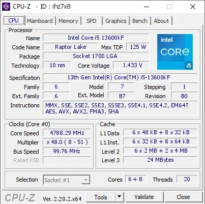 13th Gen Intel Core i5-13600KF的CPU-Z跑分