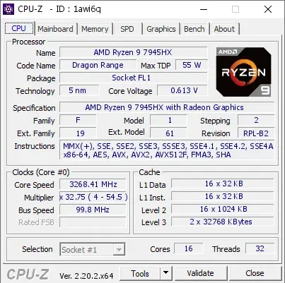 AMD Ryzen 9 7945HX的CPU-Z跑分