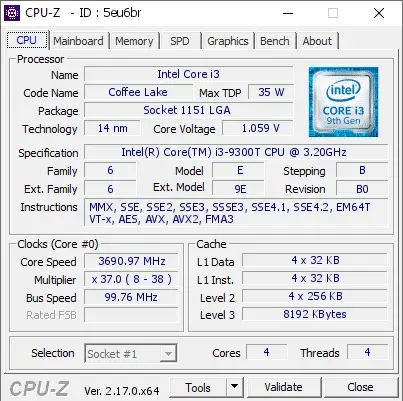 Intel Core i3-9300T的CPU-Z跑分