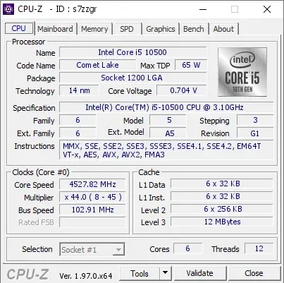 Intel Core i5-10500的CPU-Z跑分