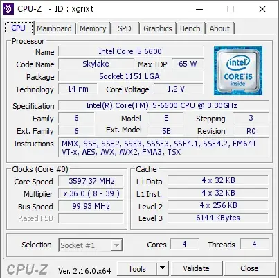 Intel Core i5-6600 CPU的CPU-Z跑分